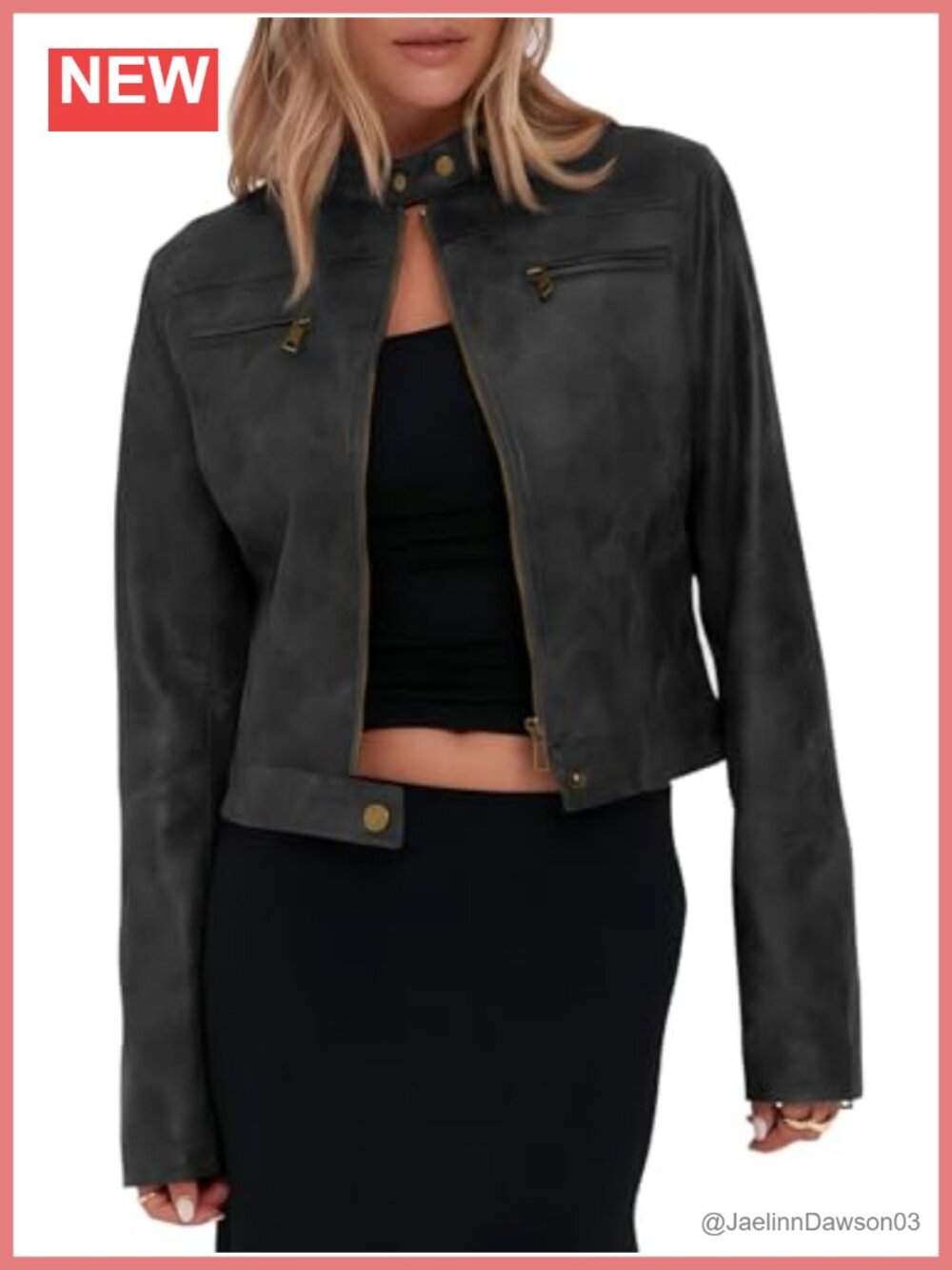 Faux Leather Cropped Moto Jacket Snap Zip Stand Collar Y2K
